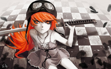Картинка аниме bakemonogatari oshino+shinobu девушка платье шлем клетчатый+пол катана оружие перья