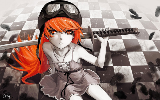 Обои картинки фото аниме, bakemonogatari, oshino shinobu, девушка, платье, шлем, клетчатый пол, катана, оружие, перья