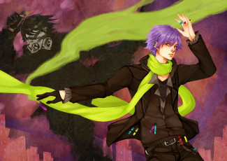 Картинка аниме *unknown другое шарф жёлтые глаза фиолетовые волосы пояс активист мужчина противогаз