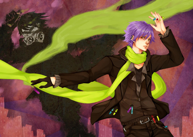 Обои картинки фото аниме, *unknown, другое, шарф, жёлтые, глаза, фиолетовые, волосы, пояс, активист, мужчина, противогаз