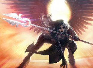 Картинка фэнтези ангелы солнце девушка поза крылья ангел копье