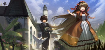 Картинка аниме gosick облака парень девушка растения цветы дом радость небо голуби птицы