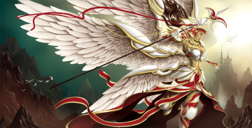 Картинка фэнтези ангелы крылья доспехи небо скалы птицы посох взгляд профиль ангел девушка фантастика