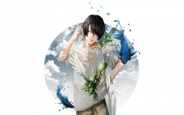 Картинка аниме -headphones+&+instrumental зонт рыбы парень дождь белый фон руки наушники перья