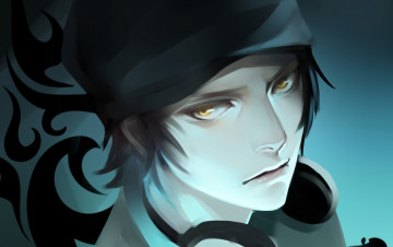 Картинка аниме k+project брюнет взгляд медовые глаза наушники шапка узор парень