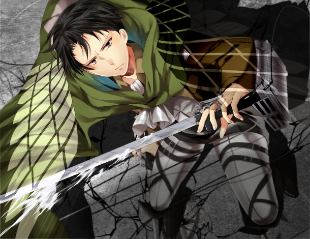 Обои картинки фото аниме, shingeki no kyojin, shingeki, no, kyojin, символ, солдат, полет, клинки, жест, плащ, rivaille, парень, art, удивление, взгляд