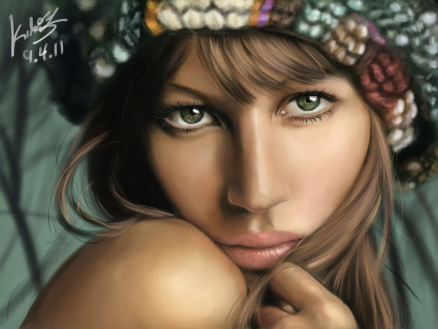 Обои картинки фото рисованные, люди, шапочка, взгляд, девушка