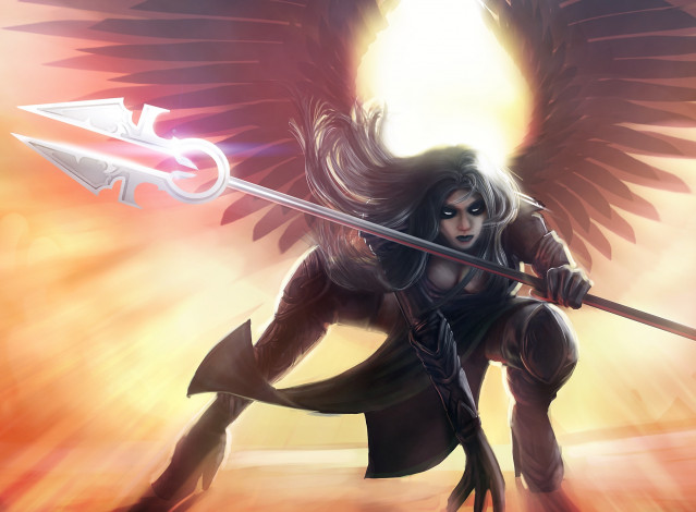 Обои картинки фото фэнтези, ангелы, солнце, девушка, поза, крылья, ангел, копье