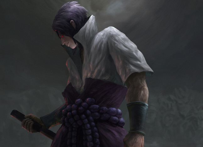 Обои картинки фото аниме, naruto, саске, арт, верёвка, меч, учиха, ночь