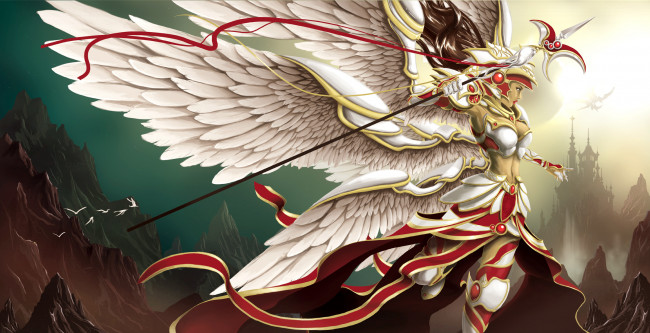 Обои картинки фото фэнтези, ангелы, крылья, доспехи, небо, скалы, птицы, посох, взгляд, профиль, ангел, девушка, фантастика