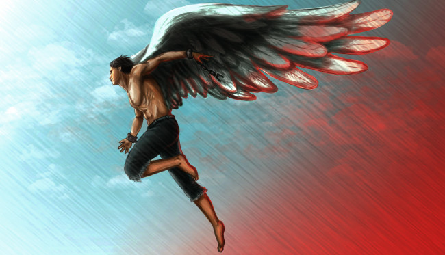 Обои картинки фото фэнтези, ангелы, цепи, полет, ангел, парень, арт, крылья, полосы