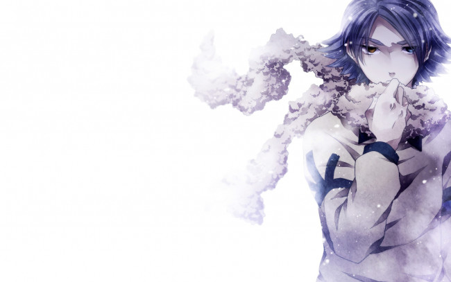 Обои картинки фото аниме, *unknown , другое, белый, фон, снег, взгляд, рука, шарф, парень