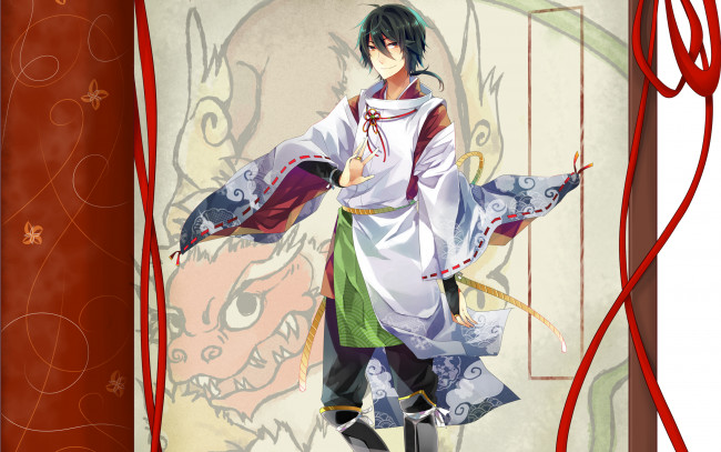 Обои картинки фото аниме, *unknown , другое, улыбка, свиток, парень, дракон, ленты, рисунки, взгляд