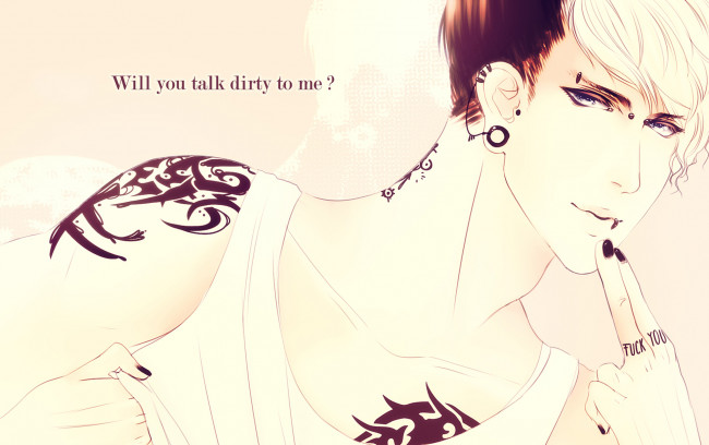 Обои картинки фото аниме, *unknown , другое, майка, тату, серьги, чёлка, взгляд, парень