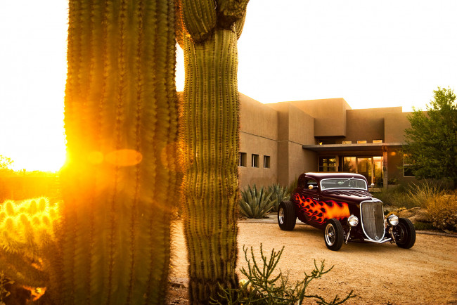 Обои картинки фото ford coupe 1933 hot-rod, автомобили, hotrod, dragster, дом, кактус, блики, закат, купе, форд, хот-род, 1933, hot-rod, coupe, ford, пламя