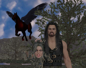 Картинка 3д+графика фантазия+ fantasy мужчина взгляд фон горгона пегас