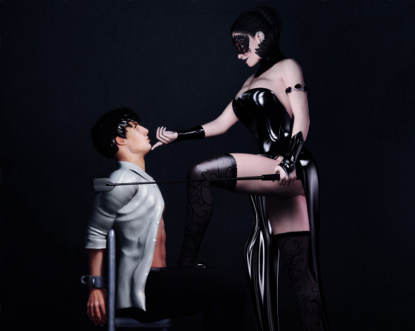 Обои картинки фото 3д графика, люди , people, девушка, взгляд, фон, мужчина, маска