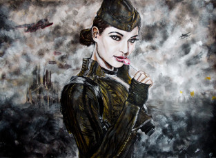 Картинка рисованное живопись девушка фон взгляд пилотка самолет