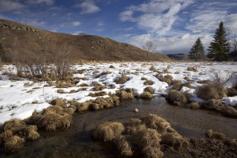 Картинка природа пейзажи пейзаж снег деревья кочки ручей холмы небо