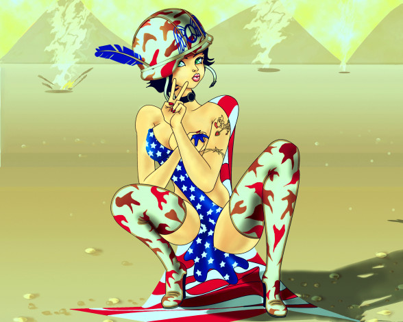 Обои картинки фото рисованное, комиксы, девушка, фон, взгляд, каска, флаг