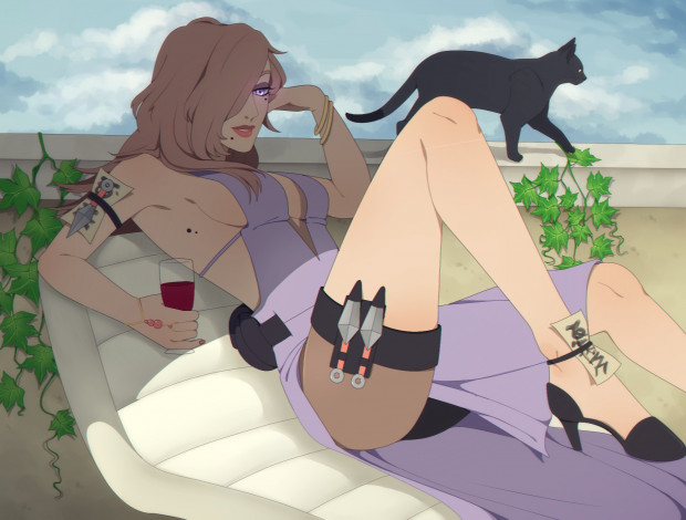 Обои картинки фото рисованное, люди, взгляд, девушка, кот, фон