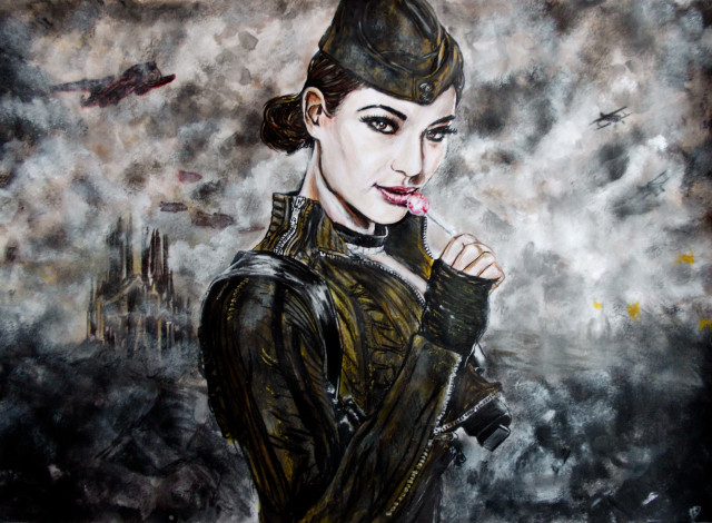 Обои картинки фото рисованное, живопись, девушка, фон, взгляд, пилотка, самолет