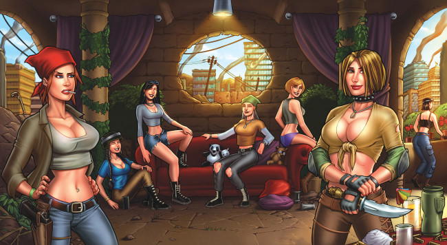 Обои картинки фото рисованное, люди, девушки, фон, взгляд, комната, диван