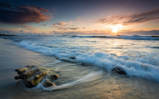 Обои картинки фото природа, побережье, море, волны, вечер, прибой, небо, берег, пейзаж