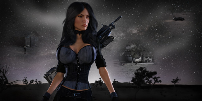 Обои картинки фото 3д графика, люди , people, девушка, фон, автомат