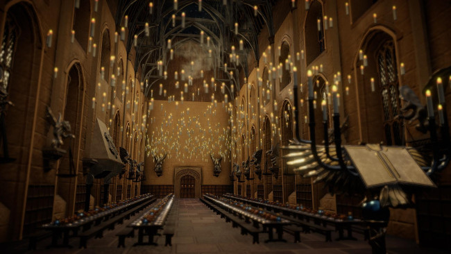 Обои картинки фото видео игры, harry potter and the sorcerer`s stone, зал, свечи, столы, хогвардс