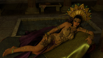 Картинка 3д+графика фантазия+ fantasy девушка фон взгляд платье кокошник бассейн