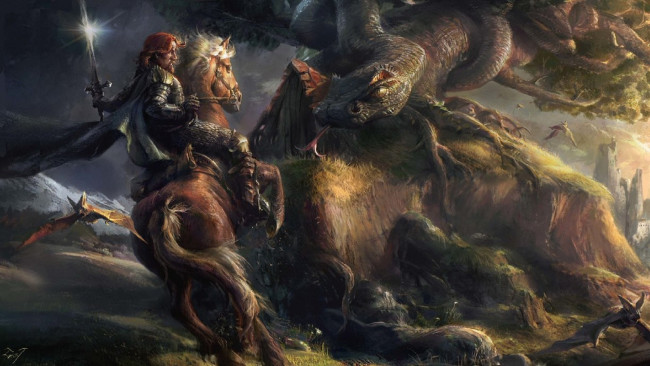 Обои картинки фото фэнтези, люди, всадник, меч, летучая, мышь, змей