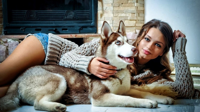 Обои картинки фото девушки, любовь гуляк, камин, свитер, шорты, поза, собака
