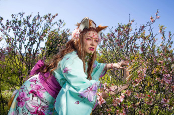 Картинка девушки юлия+огородникова образ наряд костюм косплей ушки кимоно кусты