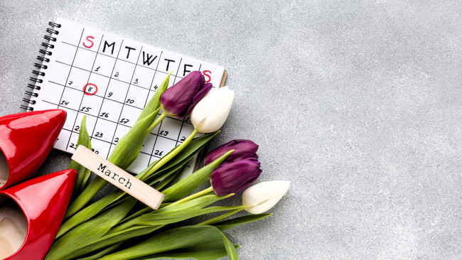Обои картинки фото праздничные, международный женский день - 8 марта, календарь, букет, тюльпаны, туфли