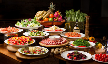 Картинка еда разное креветки мясо овощи фрукты масло блюда ассорти