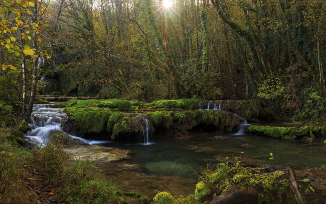 Обои картинки фото природа, реки, озера, лучи, солнца, деревья, ручей, водопад, лес, франция, jura, franche-comte