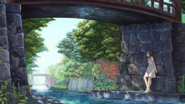 Картинка аниме город +улицы +здания девушка взгляд фон