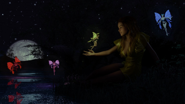 Обои картинки фото 3д графика, фантазия , fantasy, феи, фон, взгляд, девушка