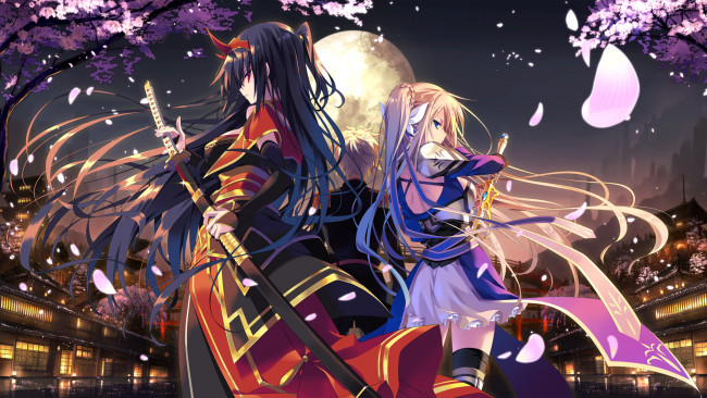 Обои картинки фото аниме, оружие,  техника,  технологии, город, меч, парень, девушки, арт, hayakawa, harui