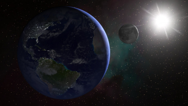 Обои картинки фото космос, земля, поверхность, звезды, солнце, луна