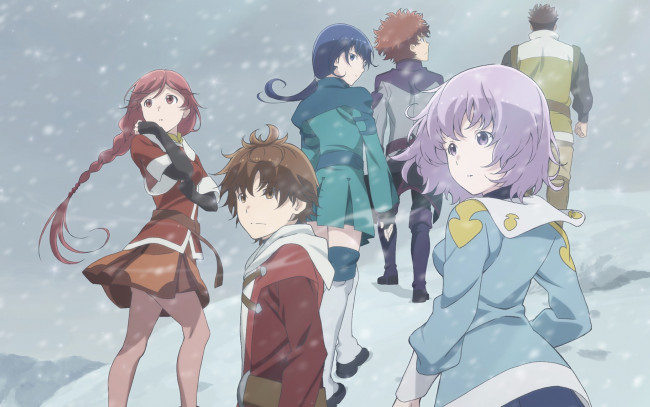 Обои картинки фото grimgar imagination and ash, аниме, hai to gensou no grimgar, девушки, взгляд, фон, парни