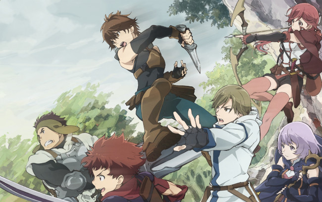 Обои картинки фото grimgar imagination and ash, аниме, hai to gensou no grimgar, девушки, взгляд, фон, парни