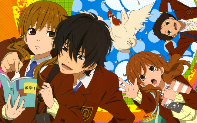 Обои картинки фото tonari no kaibutsu-kun, аниме, tonari no kaibutsu, девушка, взгляд, фон, парни, курица