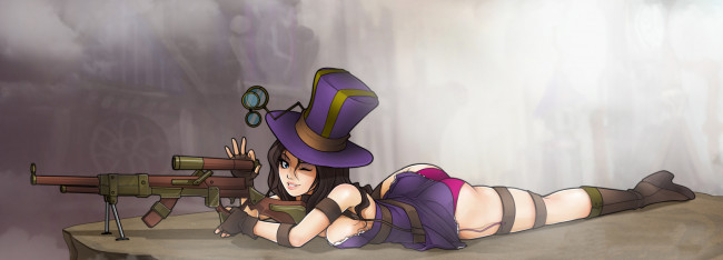 Обои картинки фото caitlyn, видео игры, league of legends, взгляд, фон, девушка, винтовка