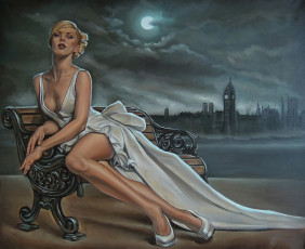 Картинка рисованное люди платье скамейка взгляд фон девушка