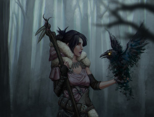 Картинка видео+игры dragon+age посох ворон взгляд фон девушка