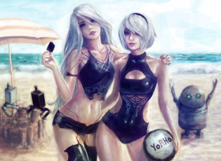 Картинка видео+игры nier +automata девушки фон взгляд купальник