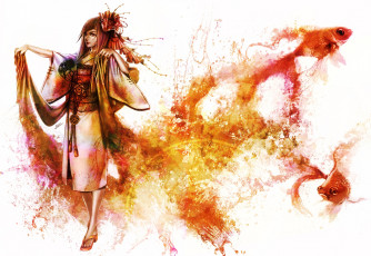 Картинка аниме магия +колдовство +halloween девушка веер кимоно рыбки