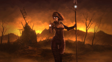 Картинка фэнтези магия фон девушка униформа посох взгляд